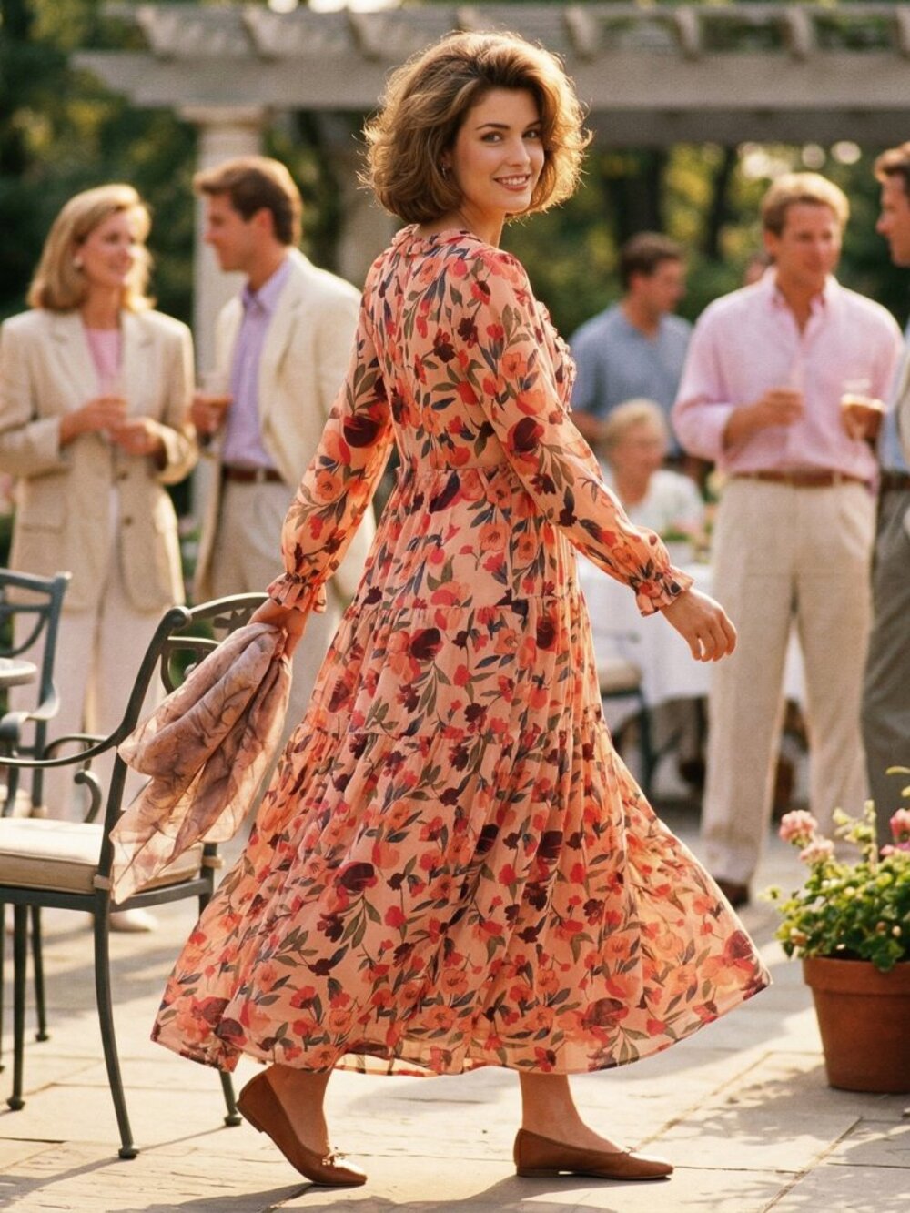 Boutique Womens L Maxi Dress Pink Chiffon Floral Tiered Gown Iconic Cottagecore